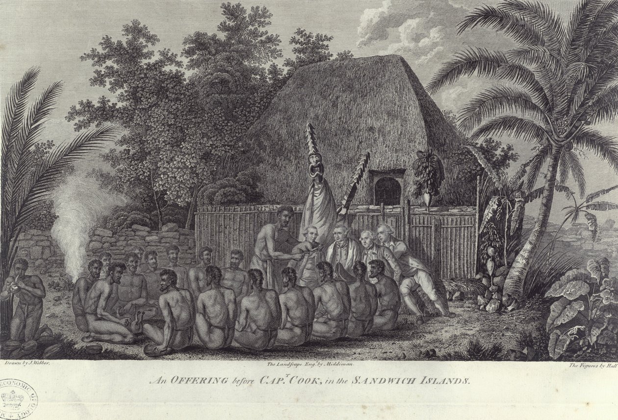Indigènes des îles Sandwich, Hawaï, abattant des porcs devant le capitaine Cook, vers 1778 - Unbekannt