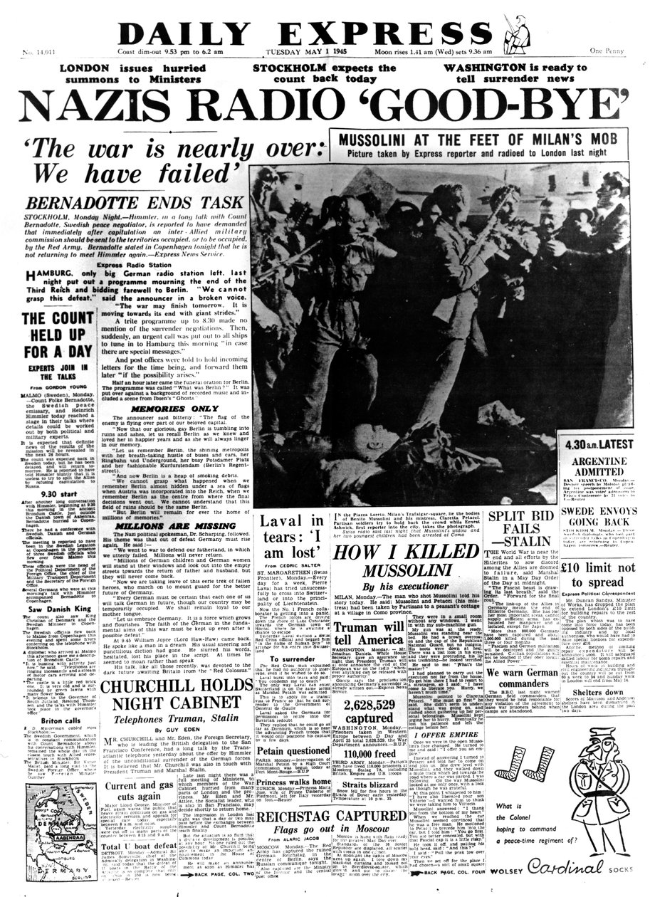 Les nazis disent au revoir à la radio, première page du Daily Express, 1er mai 1945 - Unbekannt