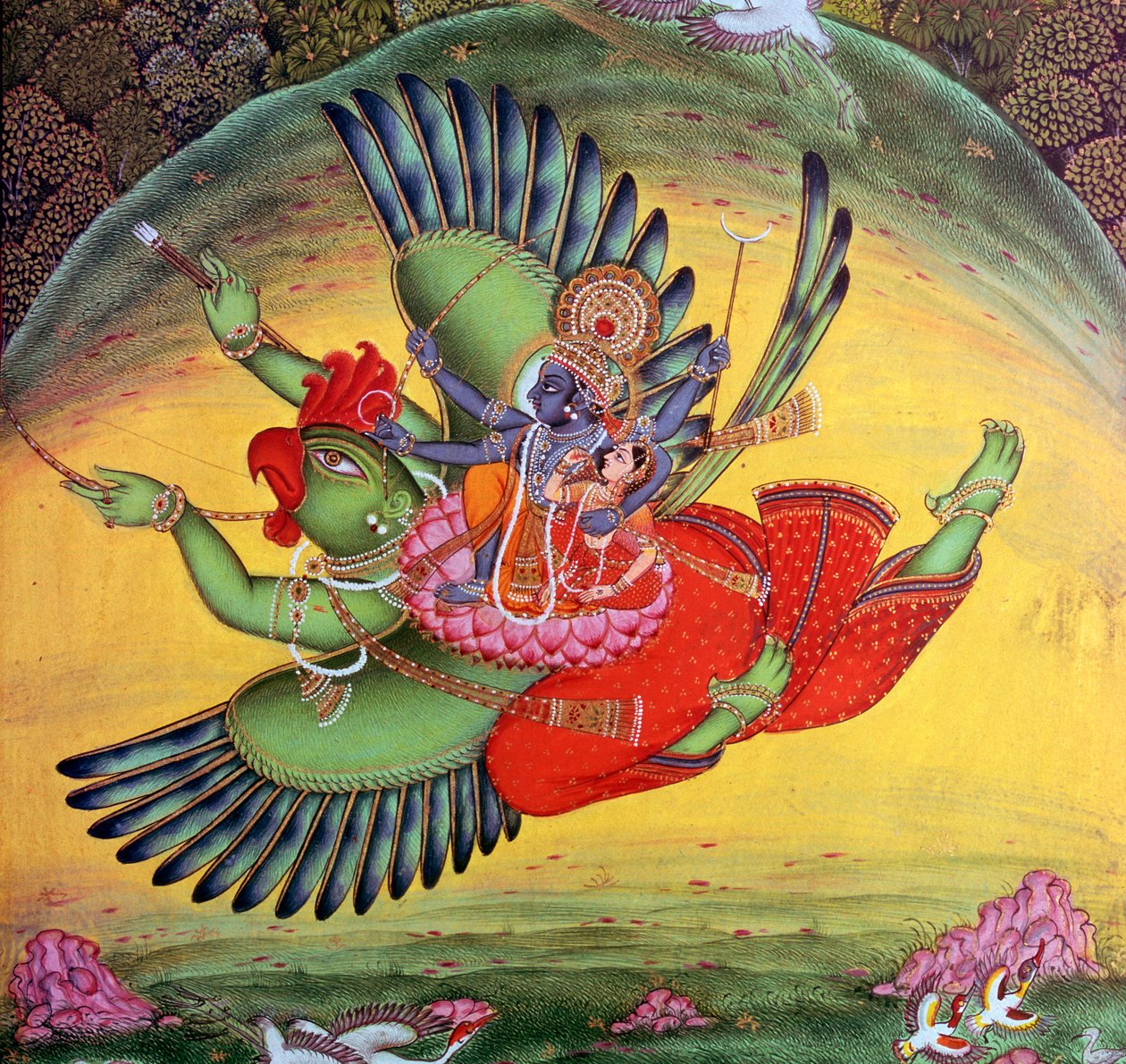 Peinture de Vishnu et de sa consort Lakshmi chevauchant le dieu-oiseau Garuda - Unbekannt
