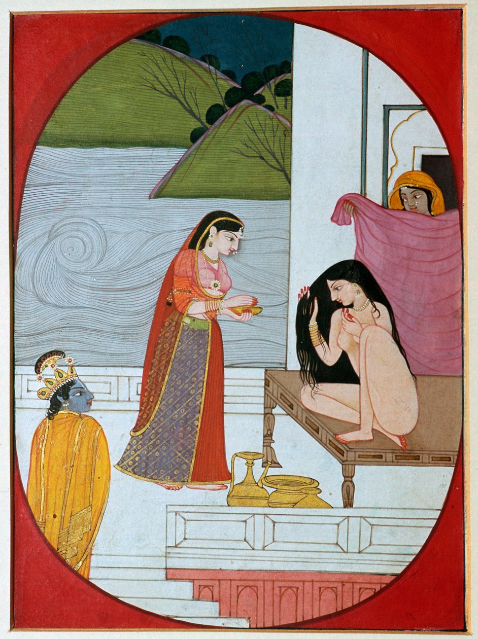 Peinture du dieu Khrishna regardant Radha à son bain, 19ème siècle - Unbekannt