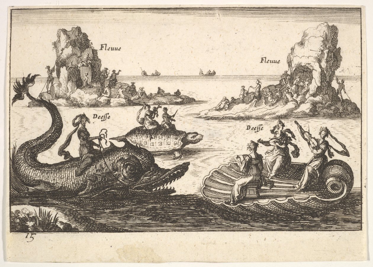 Planche 15 : Rivières et déesses, avec îles flottantes guidées par des porteurs de perches, figure féminine..., 1664 - Unbekannt