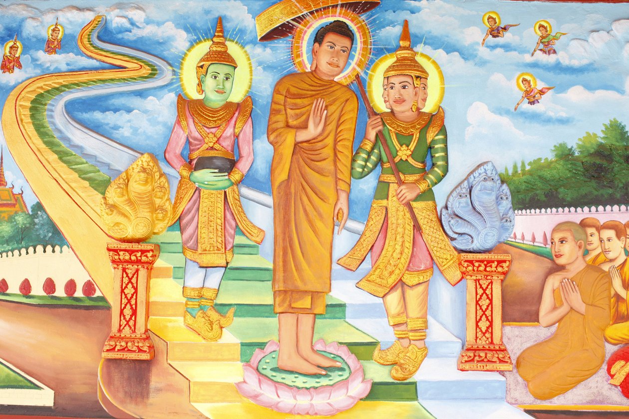 Monastère Preah Prom RathVie du BouddhaBouddha rendant visite au ciel et rencontrant les dieux Indra et Brahma, Siem Reap, Cambodge - Unbekannt