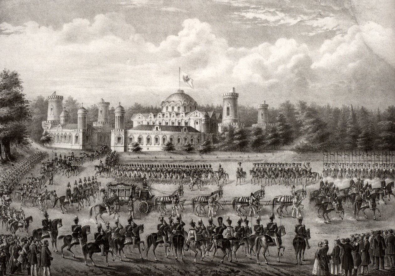 Procession du tsar Nicolas Ier dans la cathédrale de la Dormition depuis le palais Petrovsky lors de son couronnement en 1825, 1826 - Unbekannt
