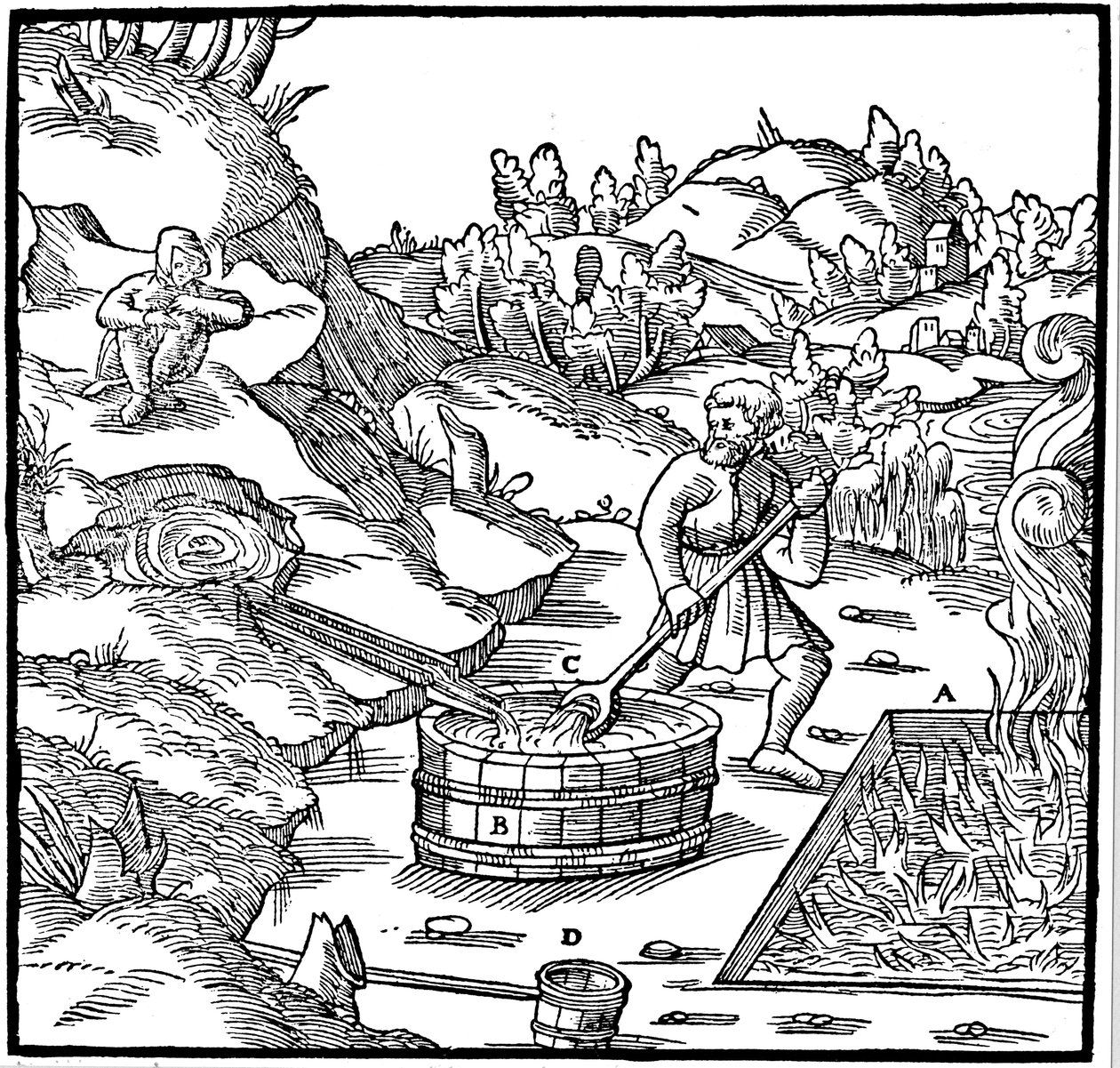 Production de sel par évaporation de saumure naturelle en la versant dans une fosse de charbon ardent, 1556 - Unbekannt