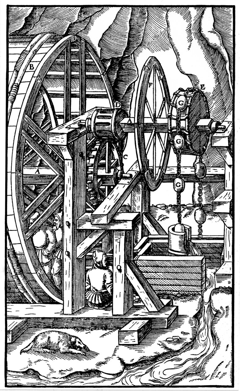 Pompe actionnée par des hommes dans une roue de moulin - Unbekannt