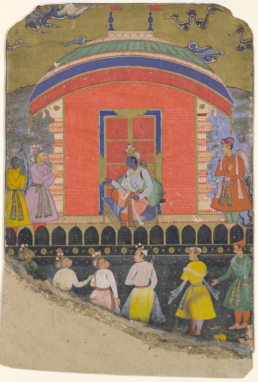 Rama reçoit Sugriva et Jambavat, les rois singe et ours, folio de..., vers 1605 - Unbekannt