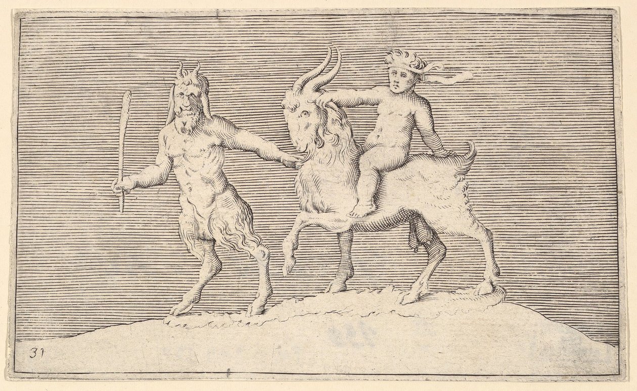 Satyre Menant une Chèvre sur laquelle un Enfant Monte, publié vers 1599-1622 - Unbekannt