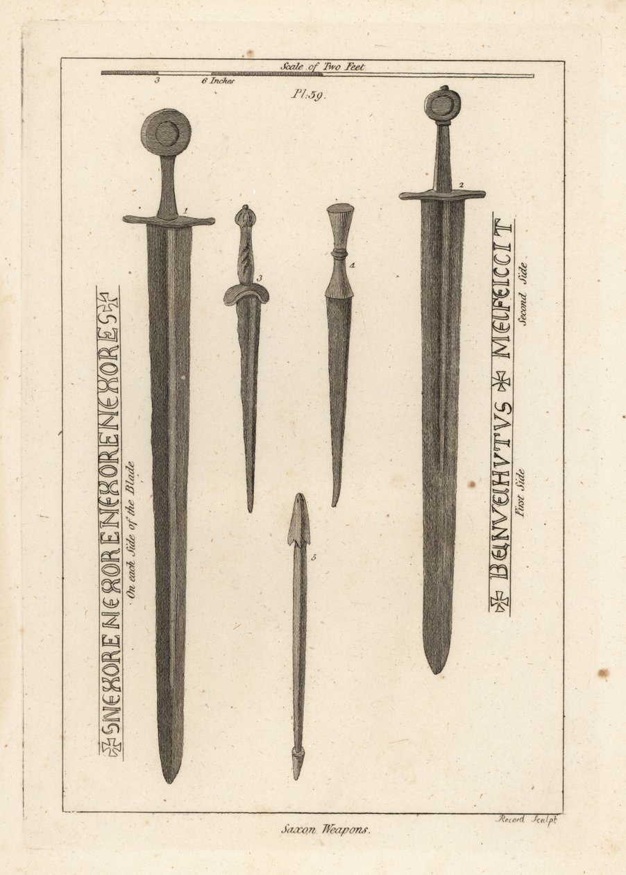 Armes saxonnes : ancienne épée en fer 1,2, et poignards et dagues 3,4 trouvés dans la rivière Wytham, Lincolnshire, et un carreau d