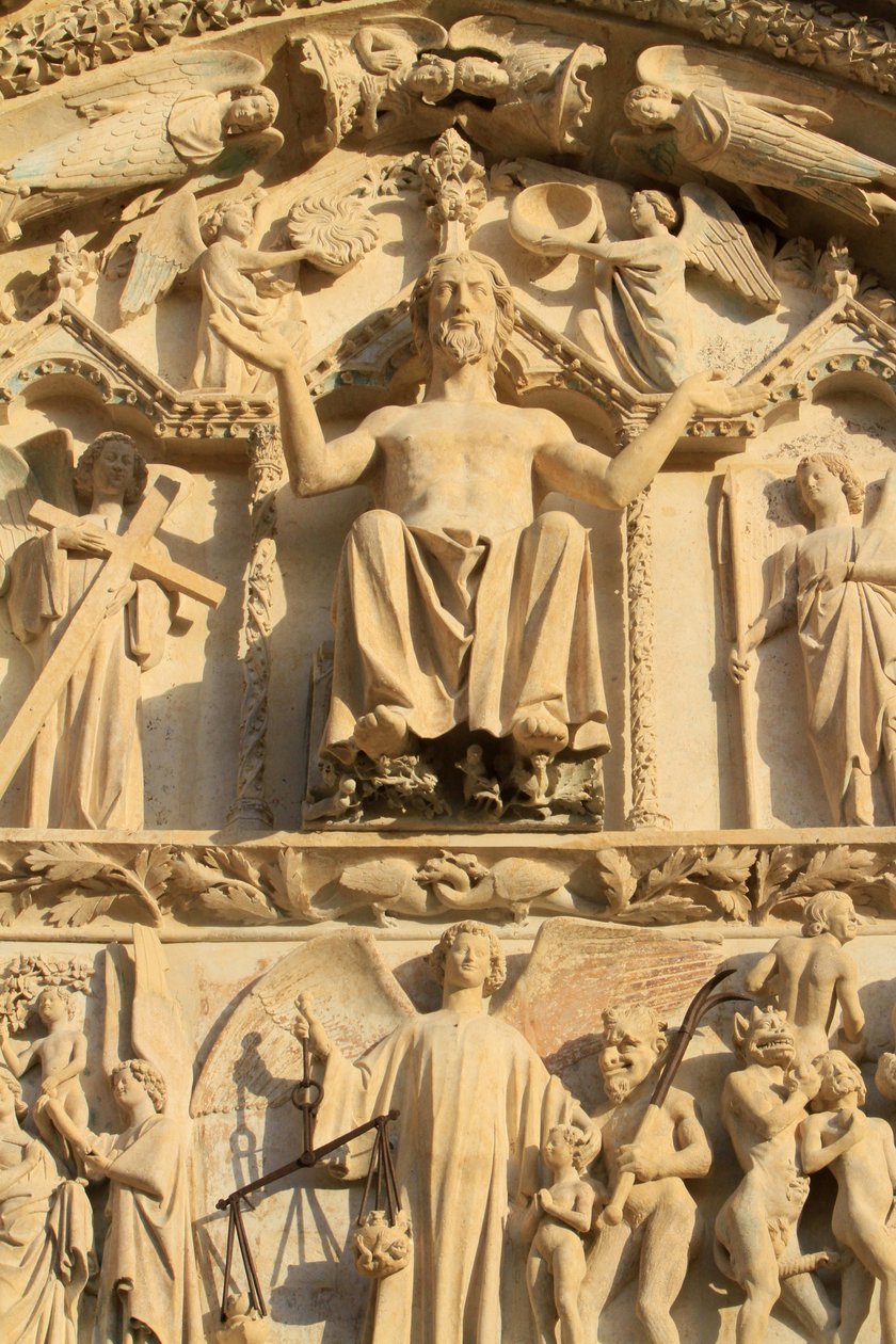 Sculpture du Christ assis sur un trône. Le Jugement Dernier. Tympan du portail central ouest. Cathédrale Saint-Étienne. - Unbekannt