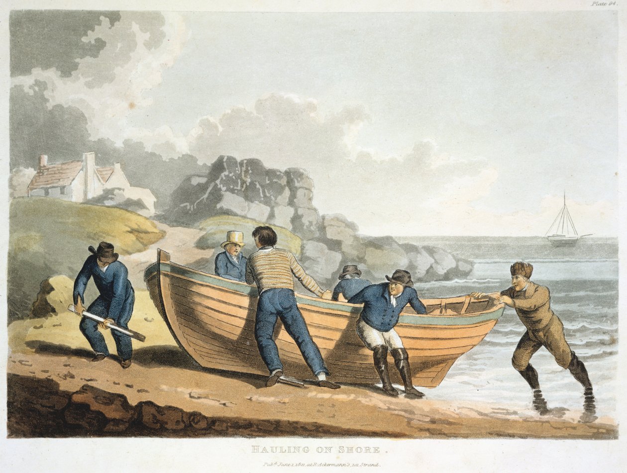 Marins tirant un canot clinker-built sur le rivage - Unbekannt