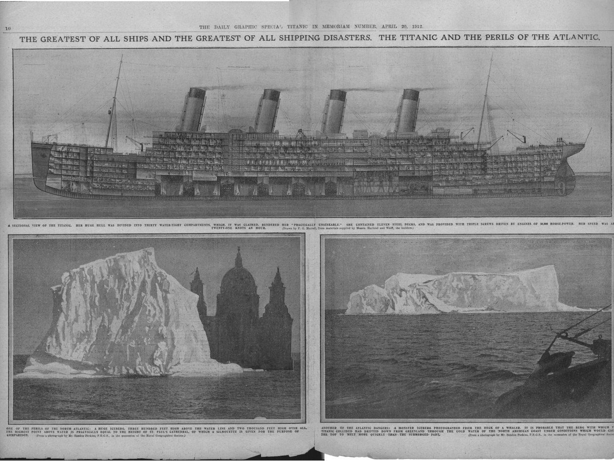 Diagramme en coupe du Titanic et des icebergs, 20 avril 1912 - Unbekannt