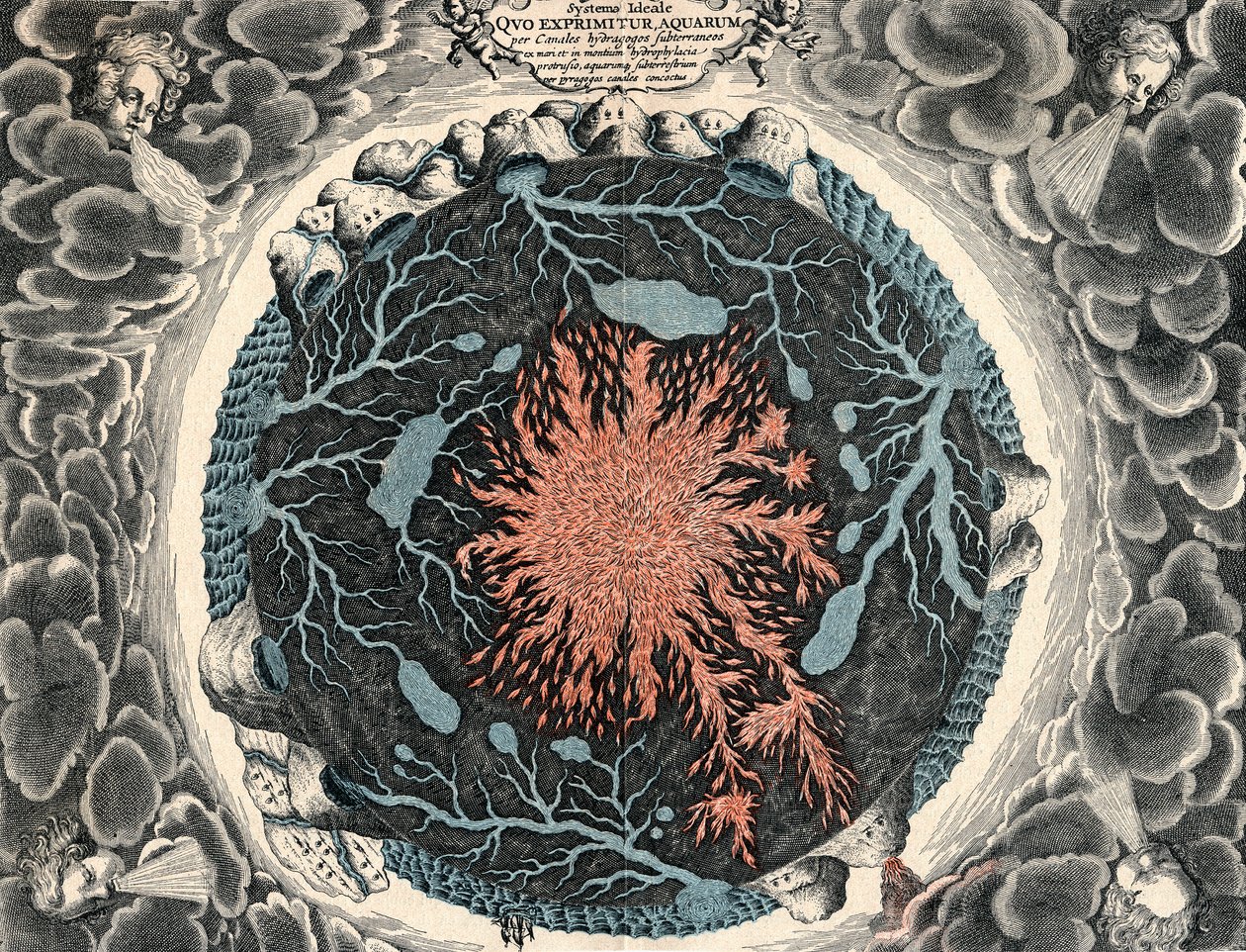 Vue en coupe de la Terre, montrant le feu central et les canaux souterrains reliés aux océans, 1665 - Unbekannt