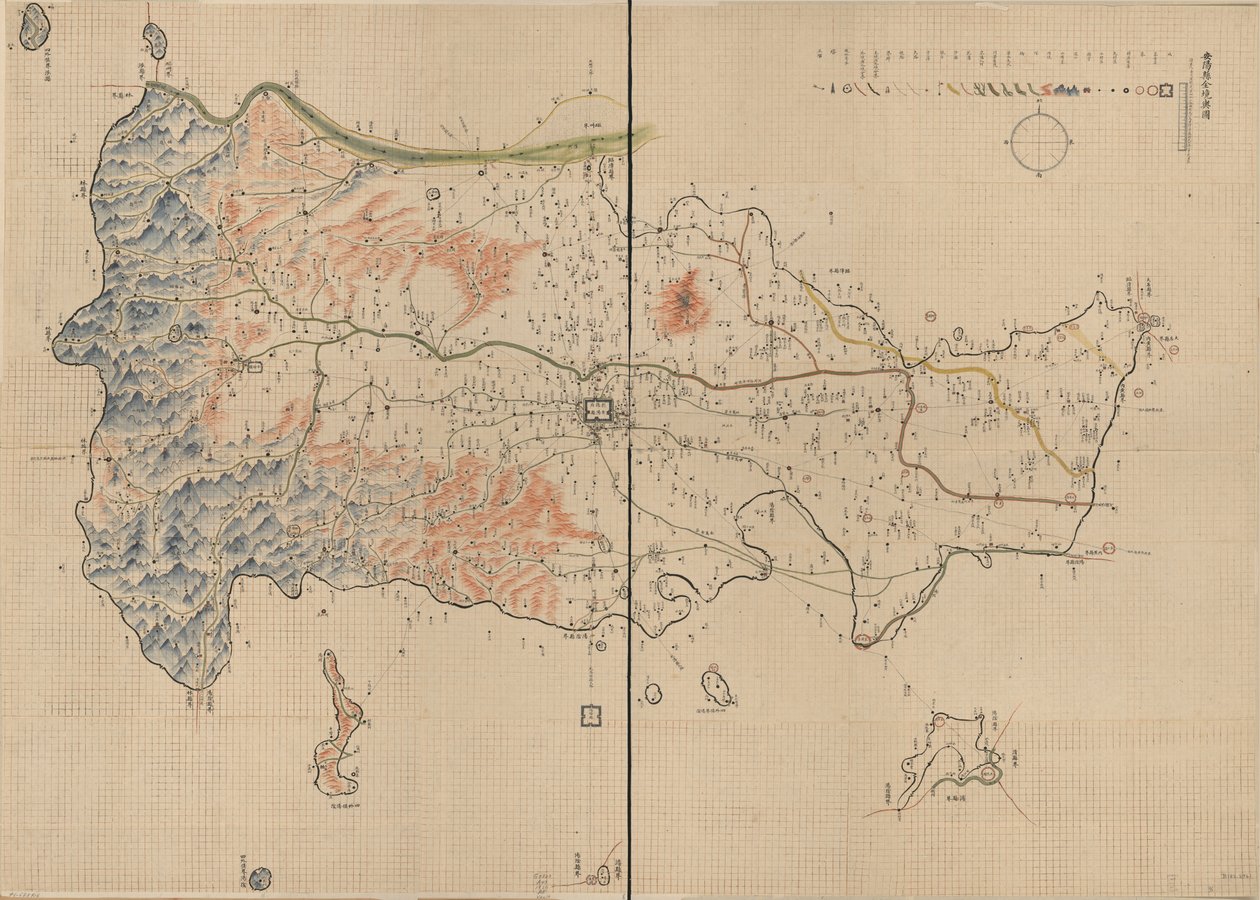 Montagnes, rivières, villes, villages, marchés, temples et routes dans le comté d