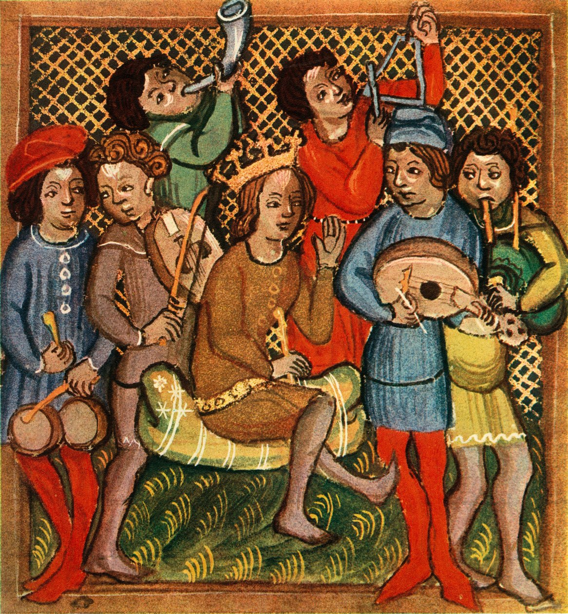 Petits tambours, violon, cor, triangle, luth et cornemuse, Bible d