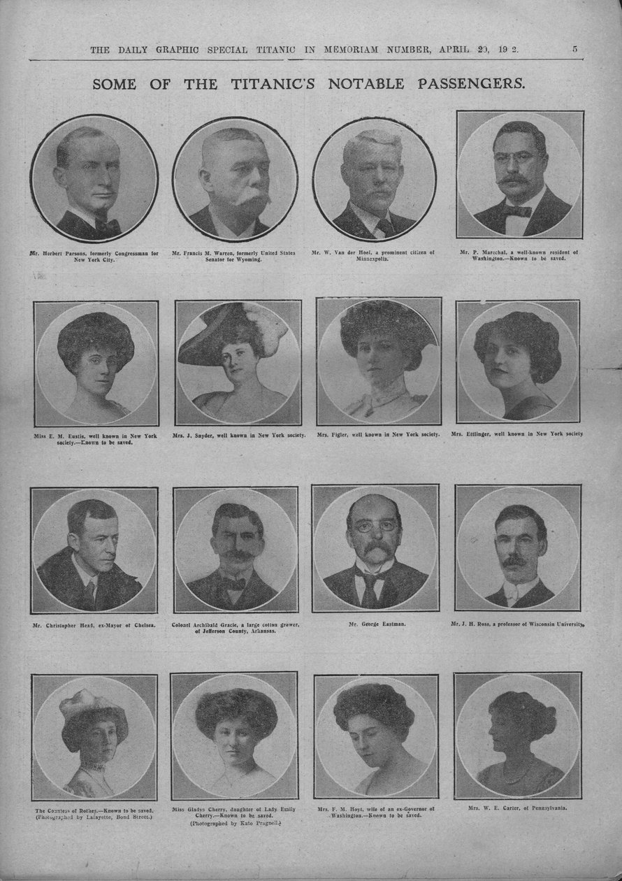 Quelques passagers notables du Titanic, 20 avril 1912 - Unbekannt