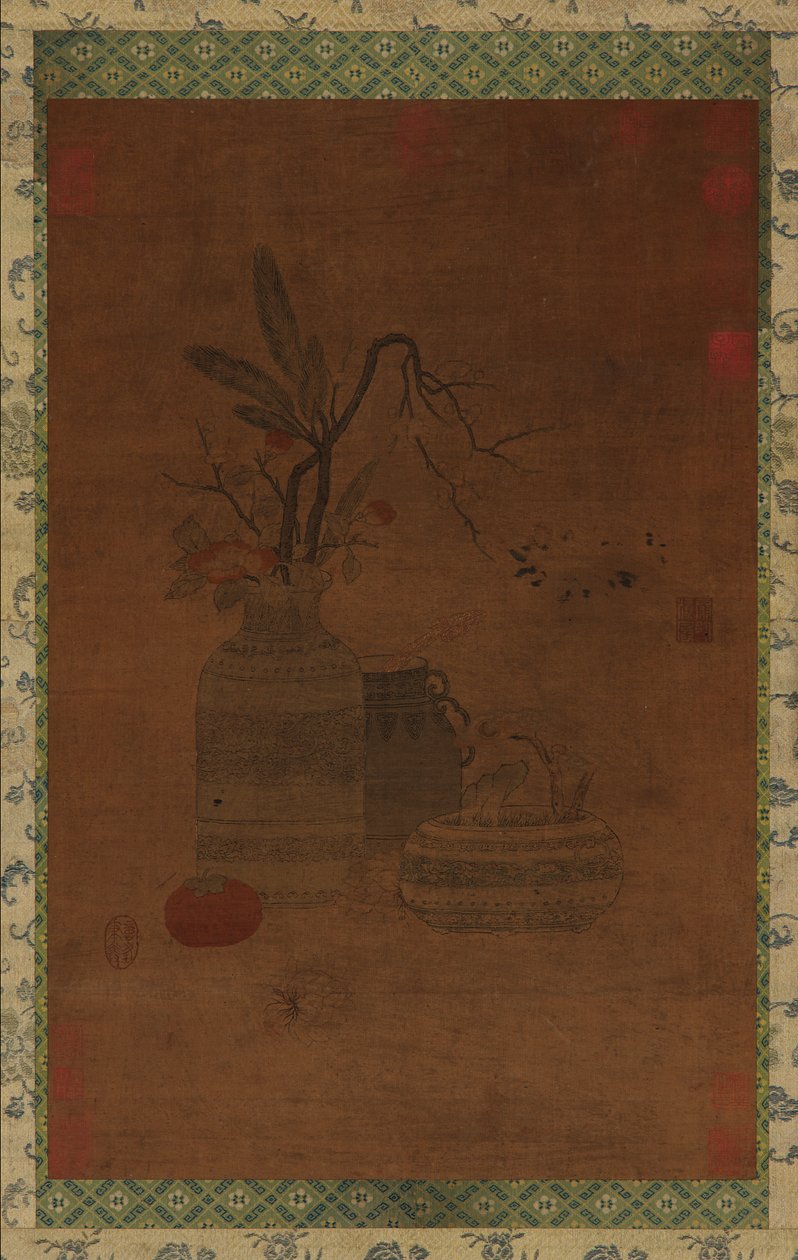 Tapisserie : un bol, deux pots, des fleurs et des fruits - Unbekannt