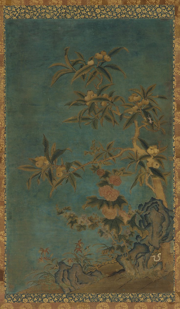 Tapisserie : arbres fruitiers et roses trémières, dynastie Ming - Unbekannt