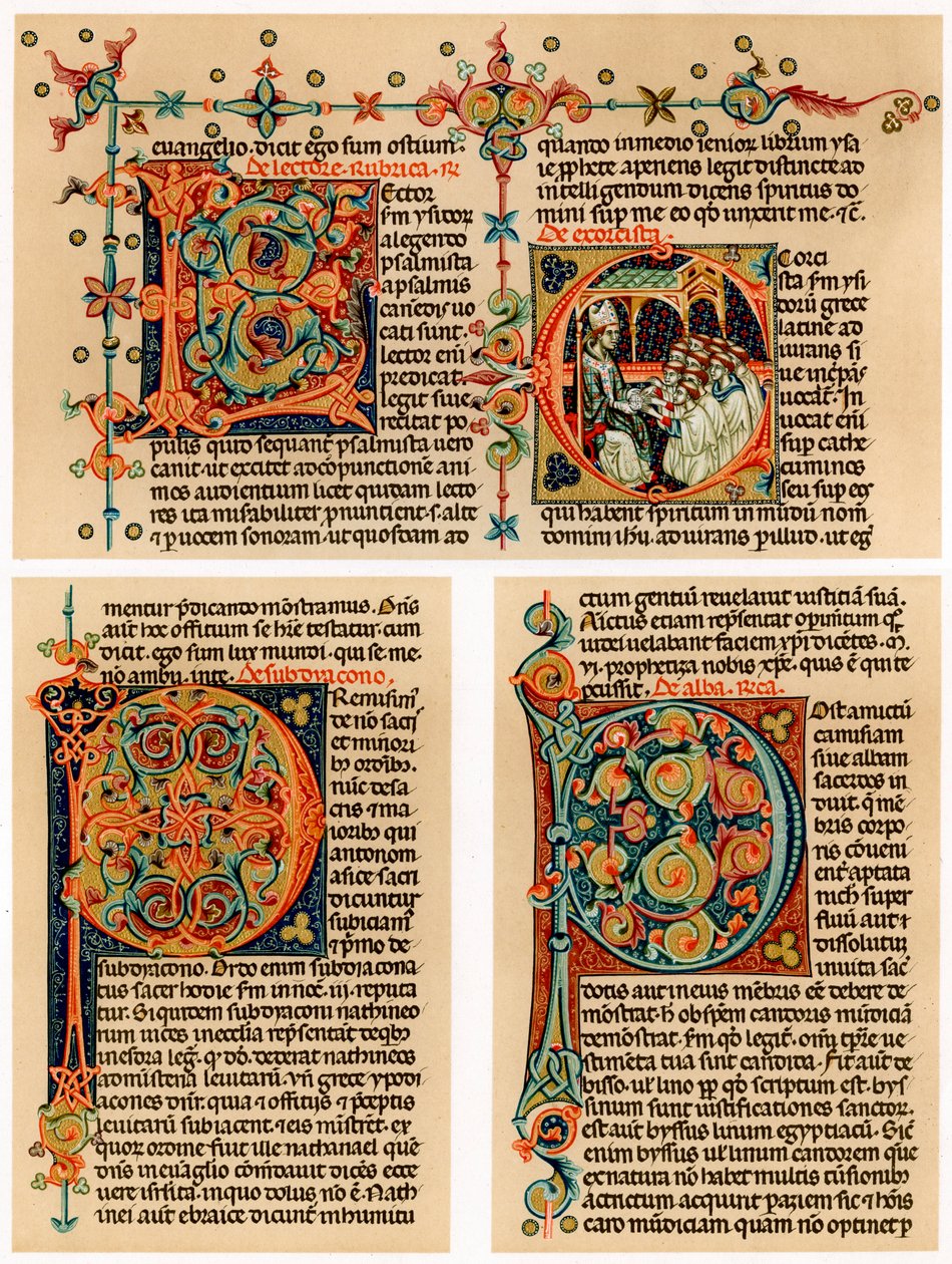 Page de texte avec lettres initiales illuminées, 14ème siècle - Unbekannt