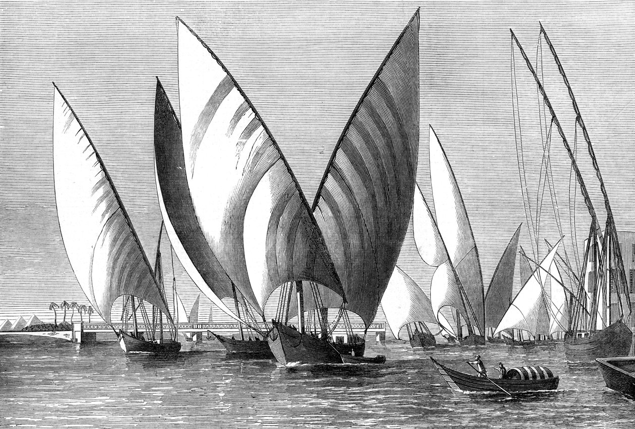 Le fleuve au pont de Boulak, Le Caire, avec des dahabiehs passant, 1874 - Unbekannt