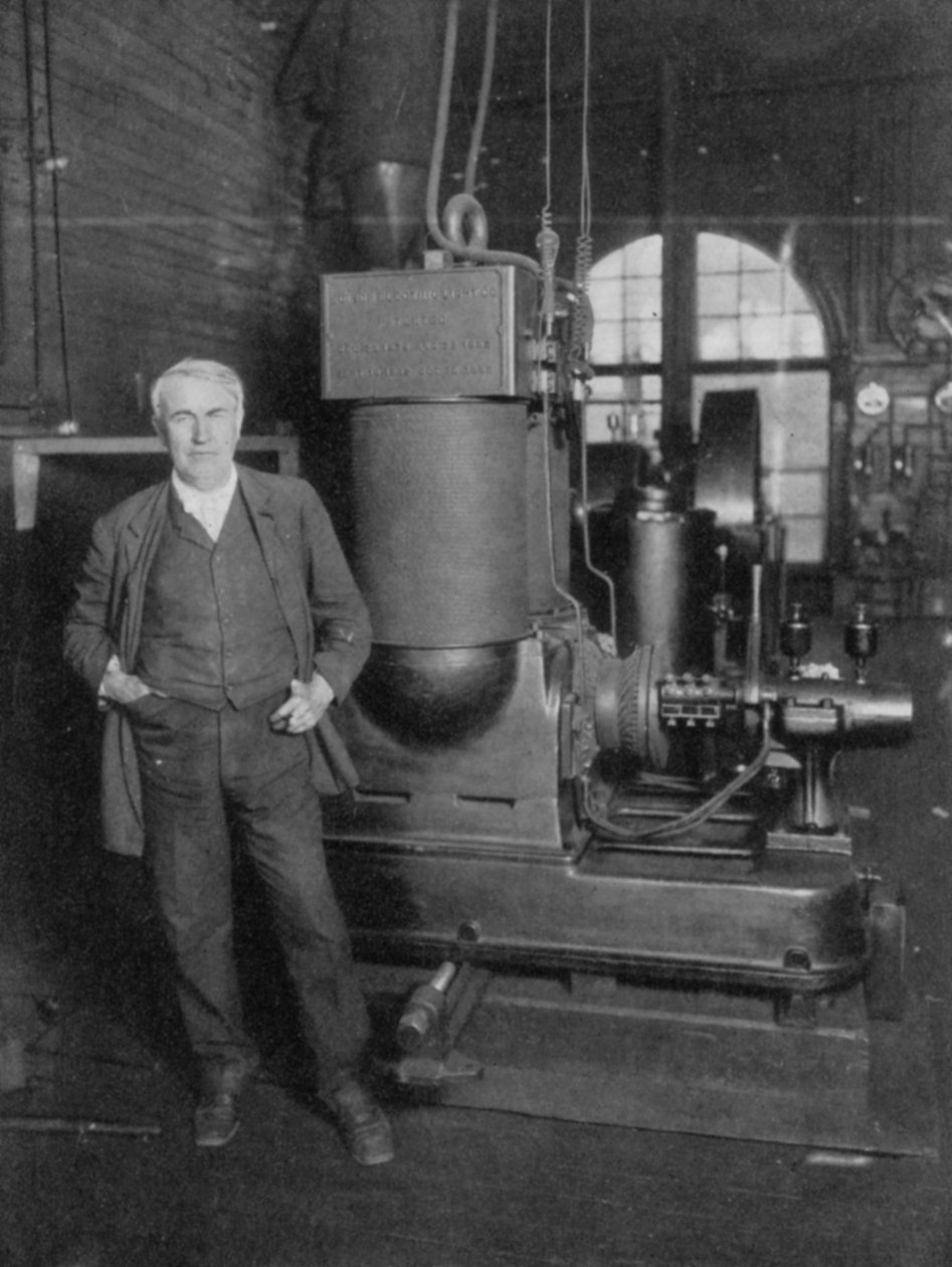 Thomas Alva Edison, inventeur américain, avec sa première dynamo pour produire de la lumière électrique, années 1880 - Unbekannt