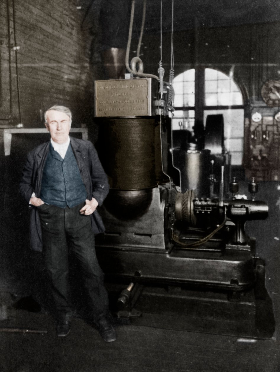 Thomas Alva Edison avec sa première dynamo pour produire de la lumière électrique, années 1880 - Unbekannt