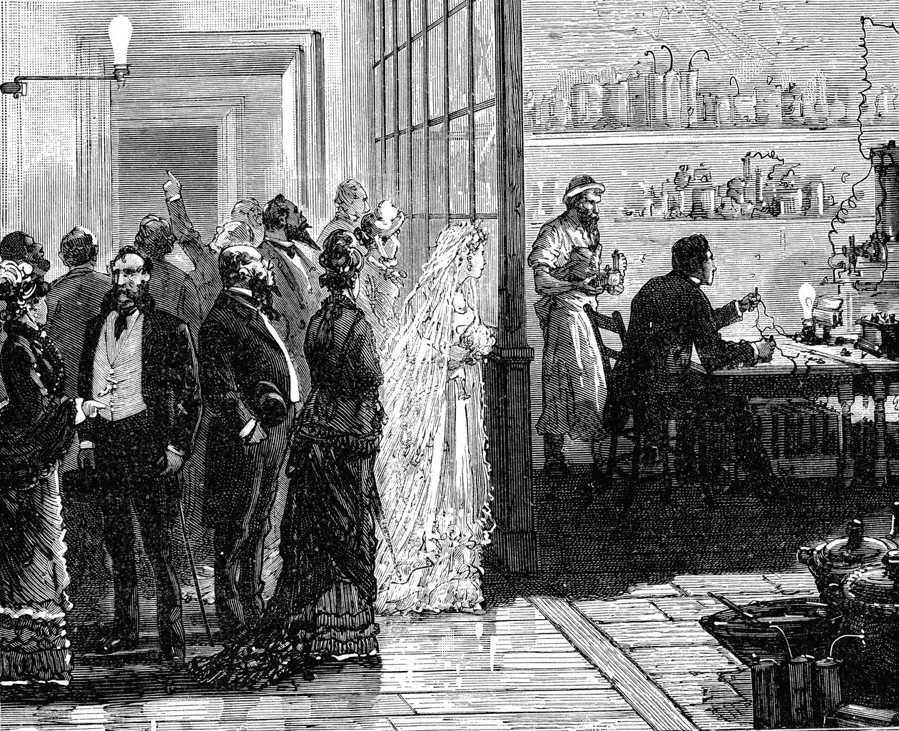 Thomas Edison expérimentant avec des lampes électriques le jour de son mariage, 1871 - Unbekannt
