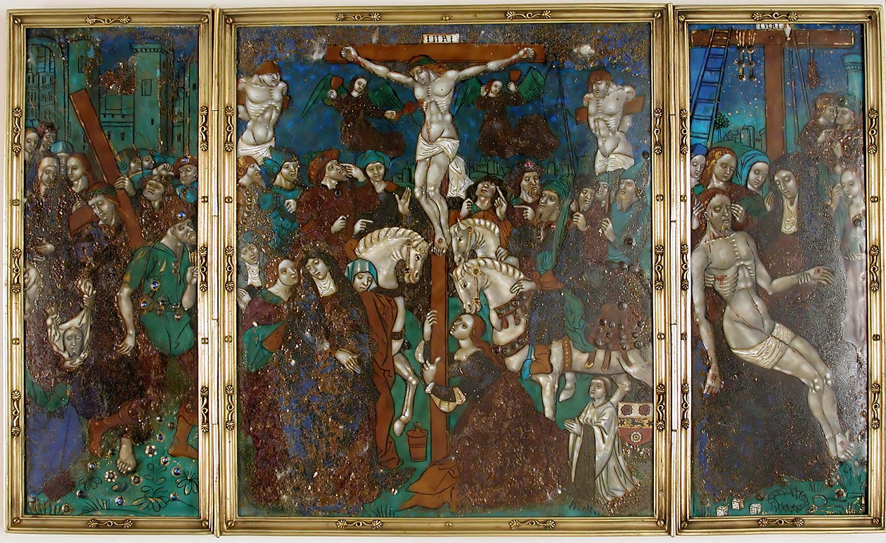 Triptyque avec Le Chemin du Calvaire, Crucifixion et Descente de Croix, français, 16e siècle - Unbekannt