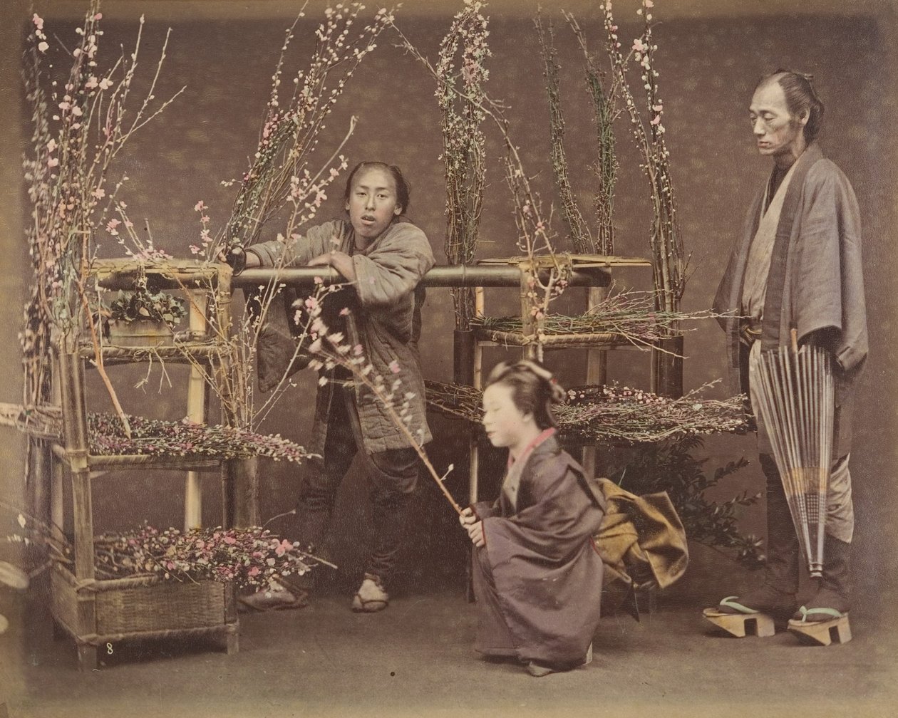 [Deux hommes japonais et une femme japonaise posant avec des branches fleuries], 1870s - Unbekannt