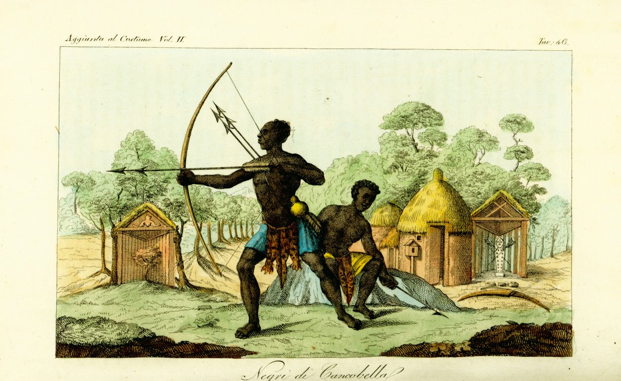 Deux hommes de Luanda de Cancobella, Angola, avec arcs et flèches, devant des habitations, huttes, autels fétiches sacrés, etc. - Unbekannt