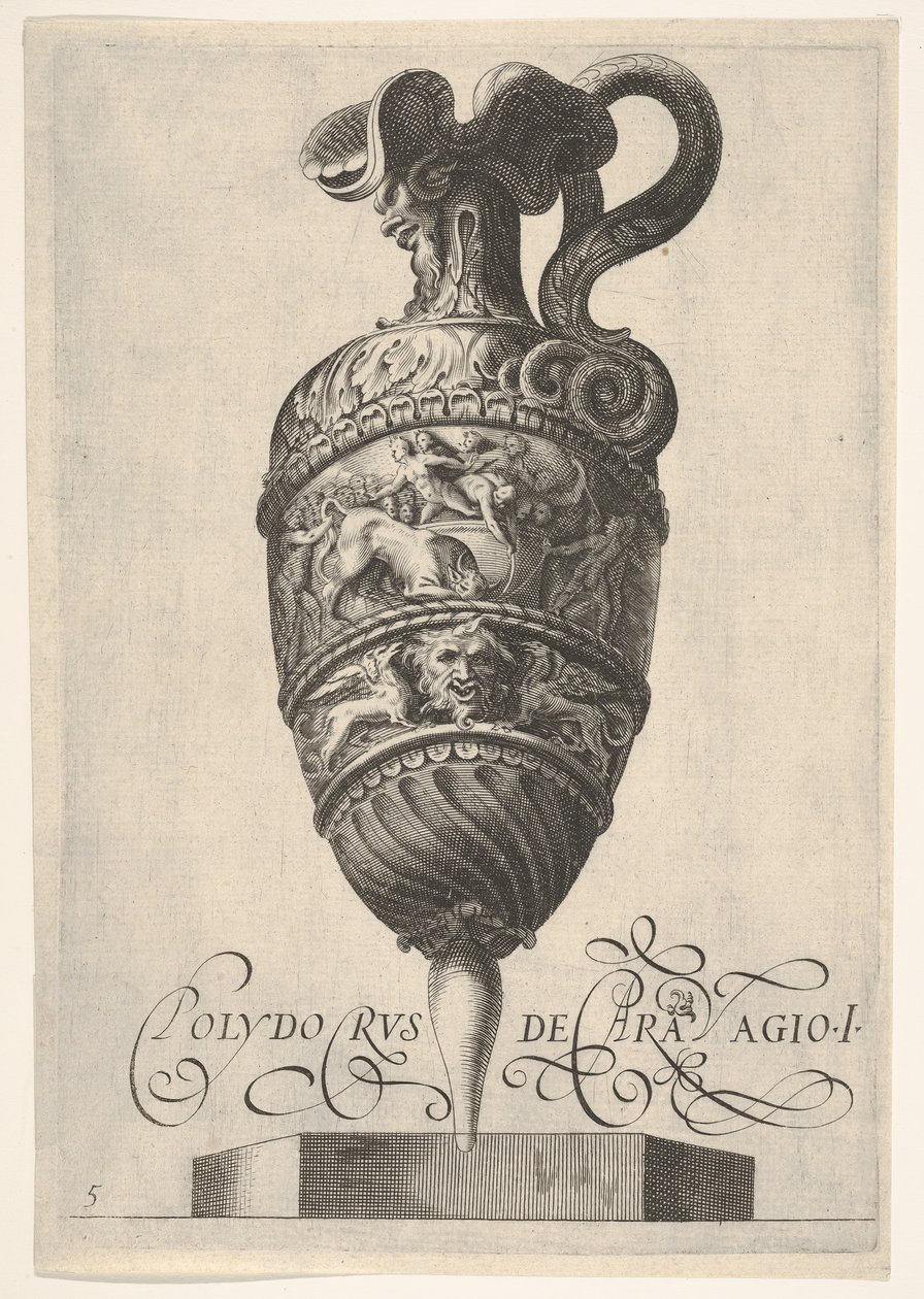 Vase avec masques grotesques, griffons et une frise peuplée par un taureau et des hommes - Unbekannt
