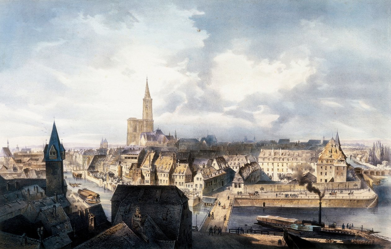 Vue de Strasbourg (France) depuis la tour Saint-Guillaume. Lithographie en couleurs. - Unbekannt