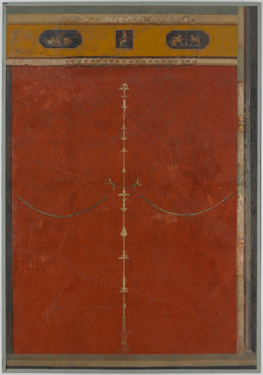 Peinture murale sur fond rouge : candélabre avec frise, de la villa impériale..., 1er siècle av. J.-C. - Unbekannt