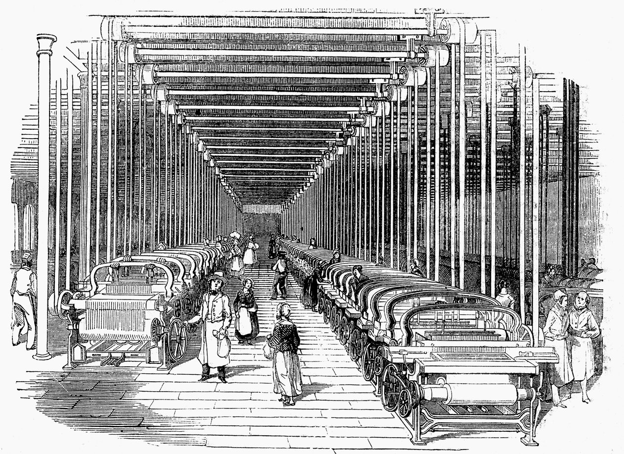 Atelier de tissage équipé de rangées de métiers à tisser mécaniques entraînés par courroie et arbre - Unbekannt
