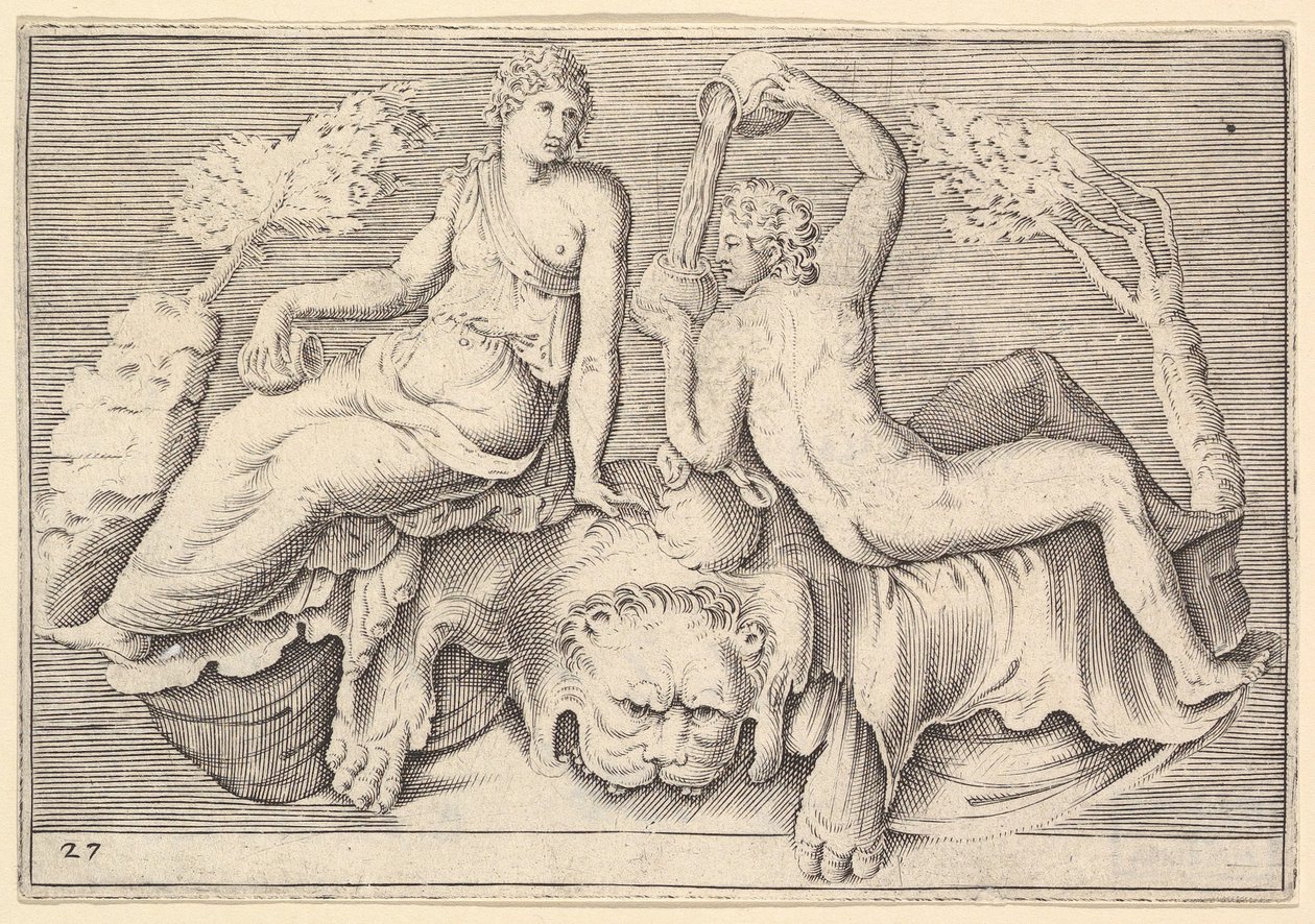 Femme et homme assis sur une peau de lion, homme versant du vin, publié vers 1599-1622 - Unbekannt