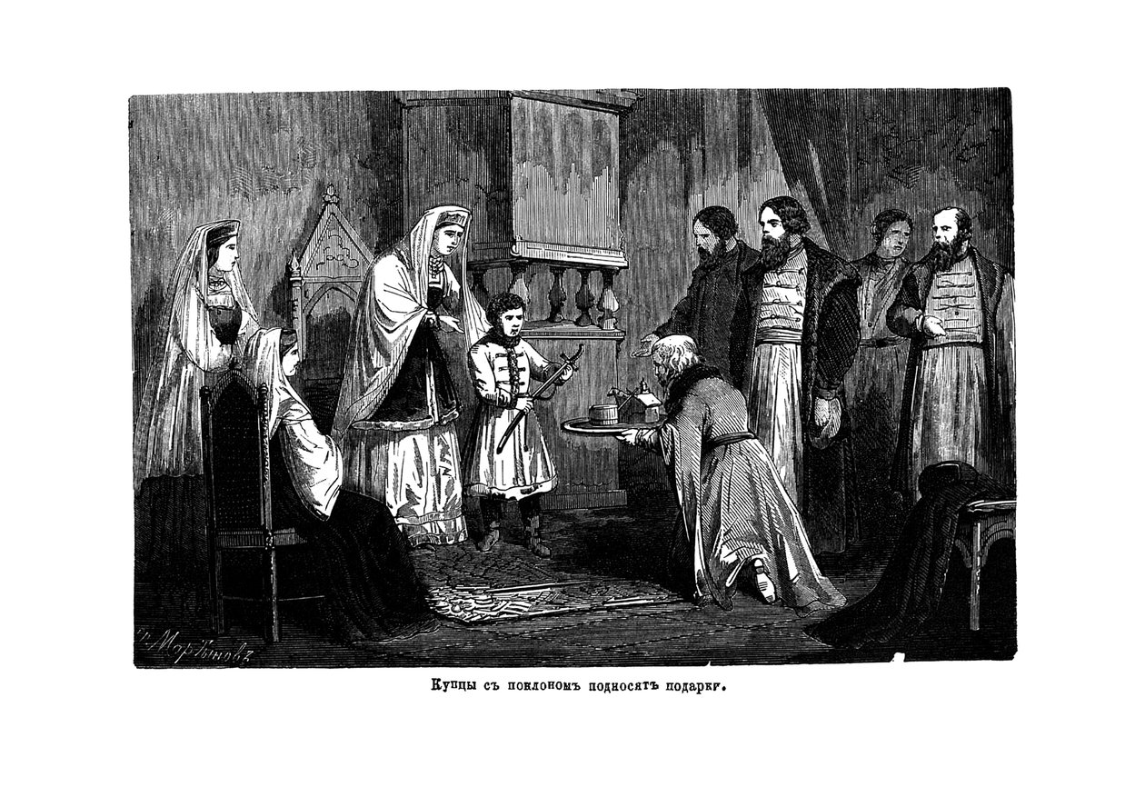 Le jeune Pierre le Grand reçoit des cadeaux des marchands, 1875 - Unbekannt