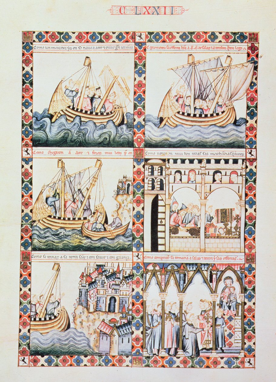 Voyage à Acre, illustrations de Cantiga 172, une des 420 compositions musicales racontant les miracles de la Vierge, écrites en galicien pour Alphonse X 