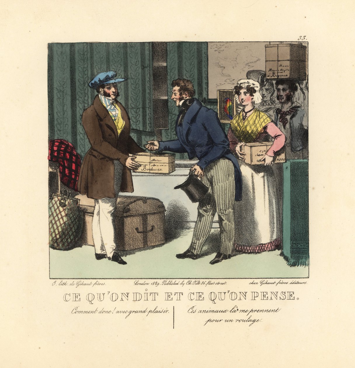 Une file de personnes apportant des boîtes et des caisses à un porteur. Il dit, Bien sûr, avec plaisir. Il pense, Ces animaux me prennent pour un tapis roulant! Lithographie en couleur par les frères Gihaut d