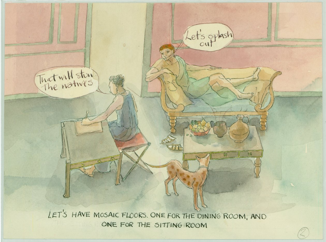 Une illustration de reconstitution montrant deux personnages dans leur nouvelle villa et envisageant d