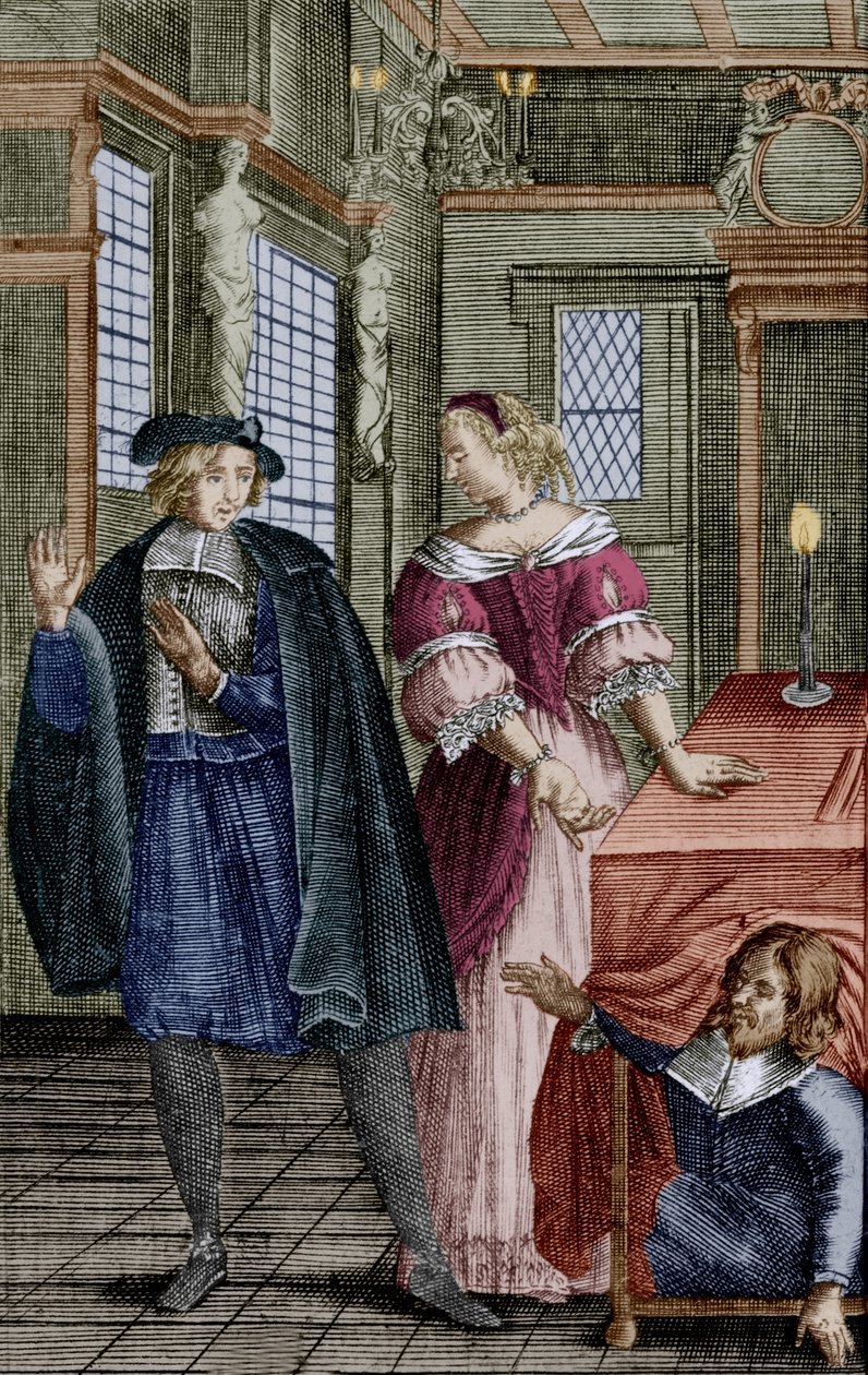 Scène de la pièce «Tartuffe» de Molière (1664) avec Orgon (sous la table), Elmire, sa femme, et Tartuffe, gravure - Unbekannter Künstler