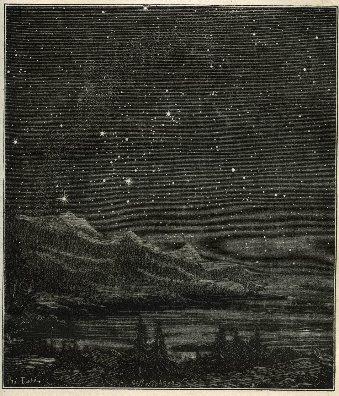 Une nuit étoilée parfaite pour observer le ciel. Gravure de « Les étoiles et les autres curiosités du ciel » de Camille Flammarion - Unbekannter Künstler
