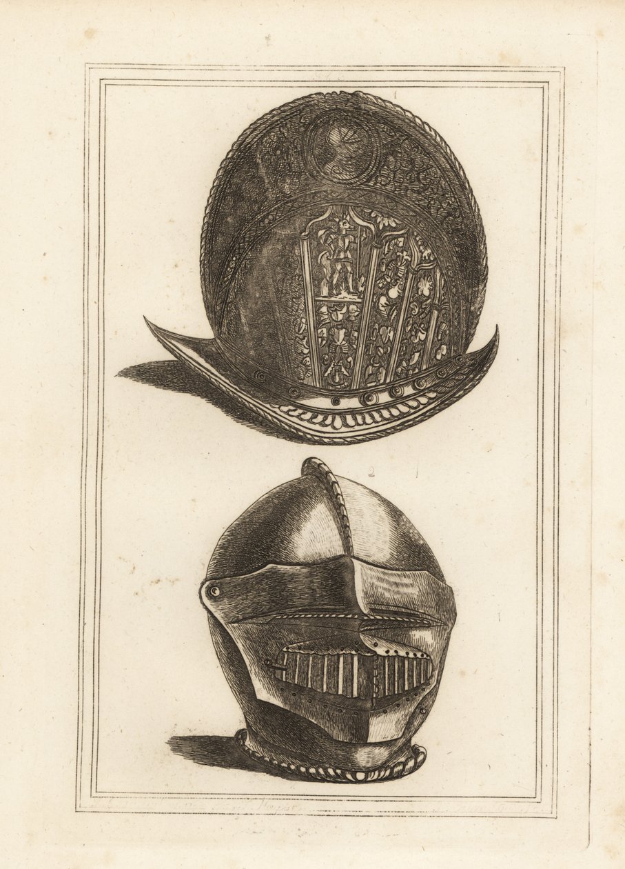 Ancien casque morion vénitien orné de trophées militaires, et un casque bourguignon avec visière et mentonnière unifiées de la Tour de Londres - Unbekannt