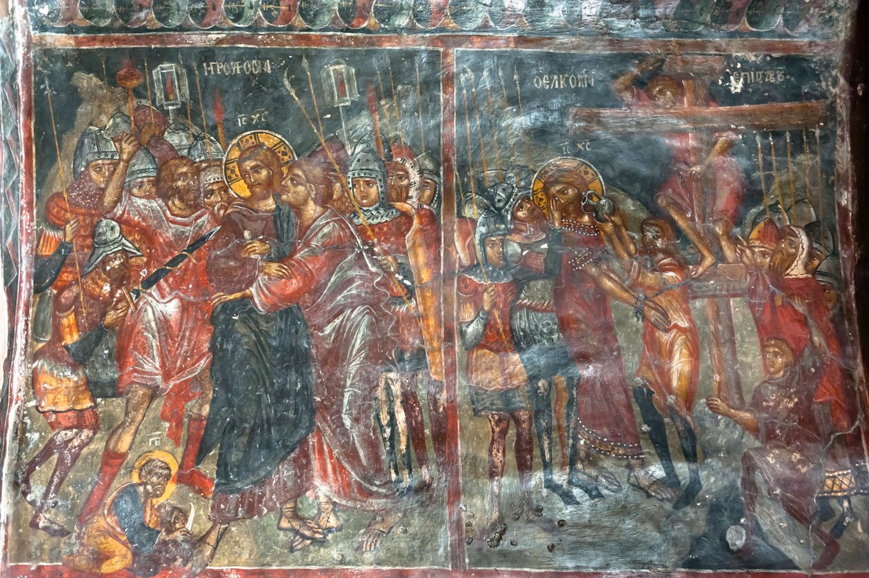 Fresques anciennes ; peintures murales ; baiser de Judas ; Crucifixion de Jésus ; Église Panagia et Sotiras ; Église orthodoxe grecque ; Roustika ; Crète ; Grèce ; Europe - Unbekannt
