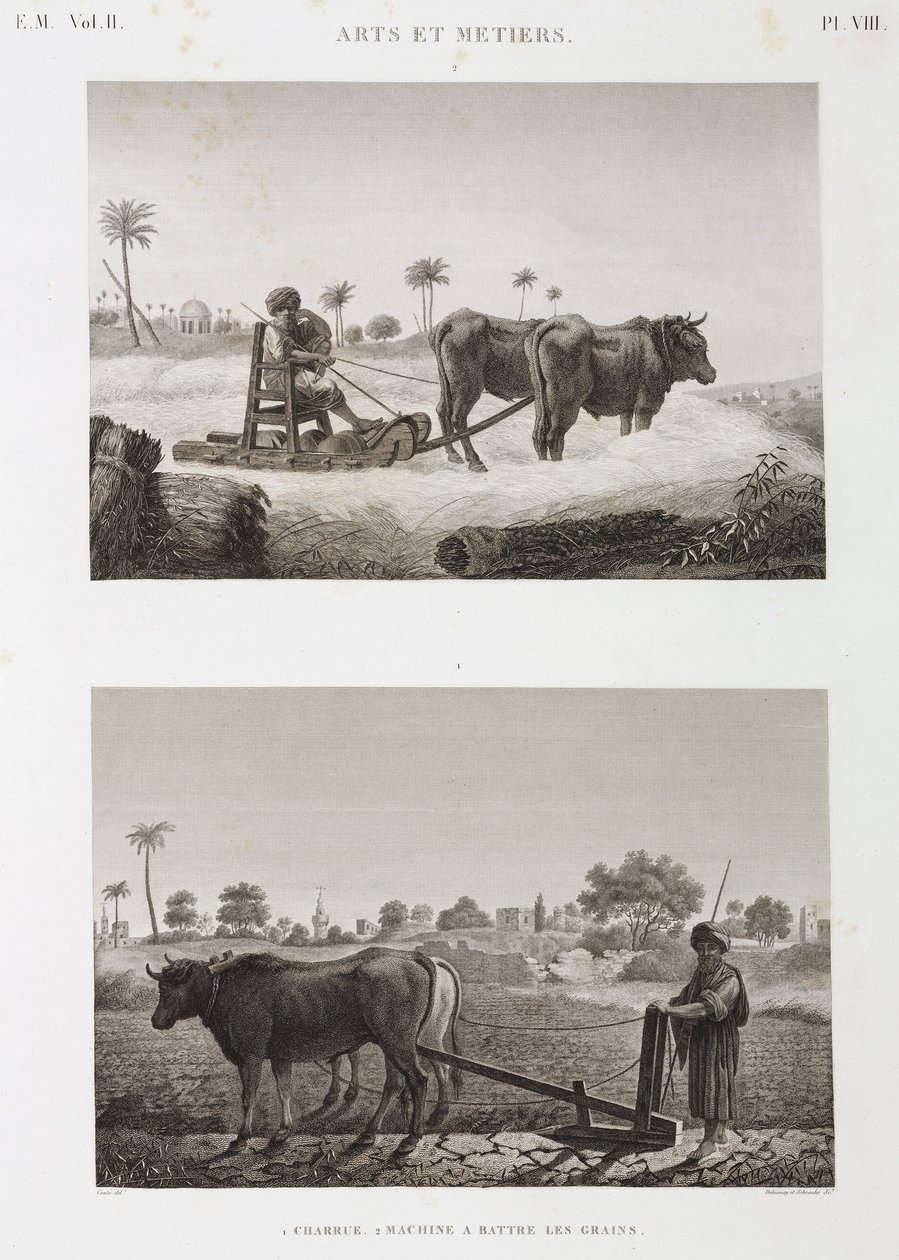 Agriculture arable, machine à battre et charrue, Égypte, vers 1798 - Unbekannt