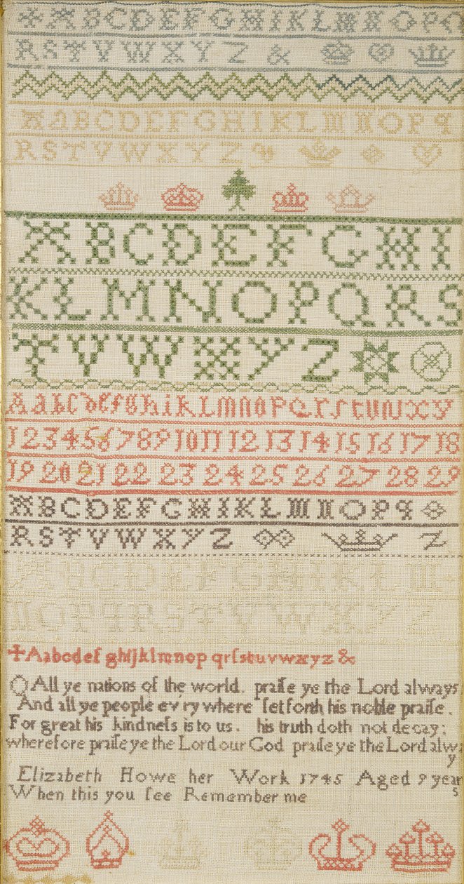Échantillon de bande avec alphabet, chiffres et un verset, réalisé par Elizabeth Howe - Unbekannt