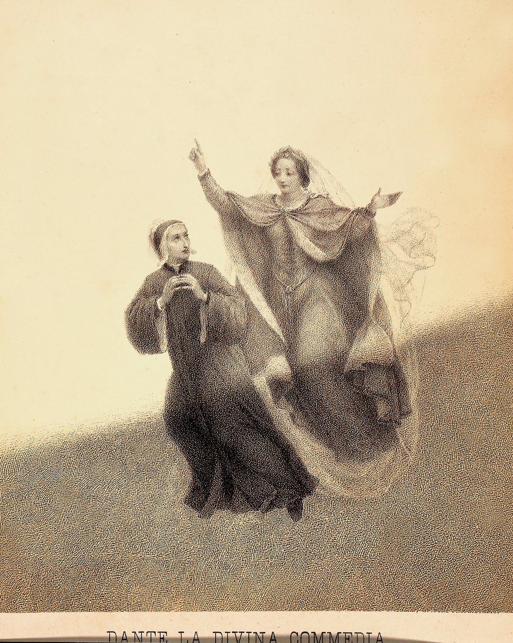 Béatrice, pointant vers le haut avec son index, conduit Dante à travers le firmament du Paradis. Leurs corps sont illuminés par un rayon de lumière. Illustration du Chant I du Paradis de La Divine Comédie de Dante Alighieri. Œuvre de Francesco Scaramuzza d - Unbekannter Künstler