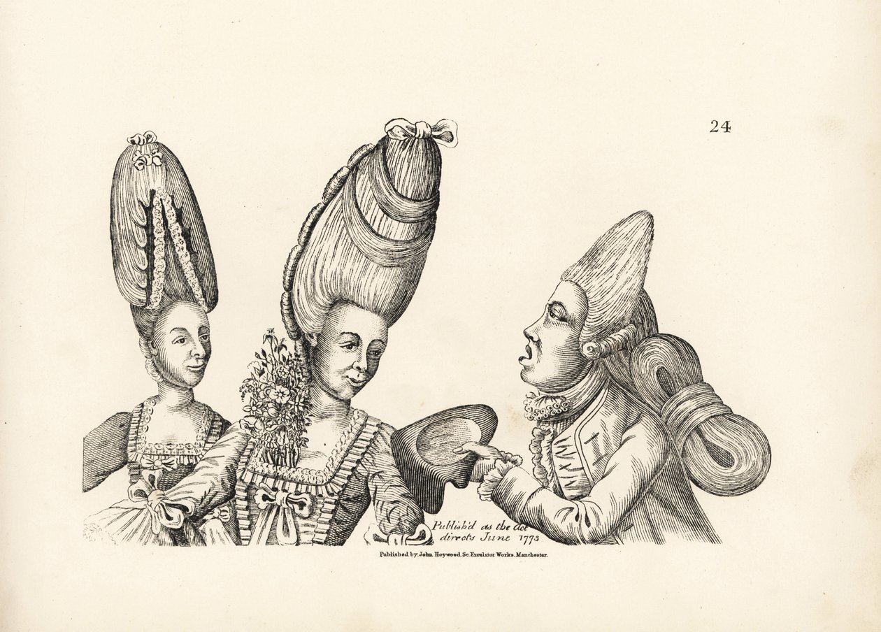 Caricature des modes de la fin du 18e siècle : femmes avec de hautes perruques et un jardin de fleurs dans le décolleté, et macaroni avec une haute perruque et une masse extravagante de cheveux attachés à l