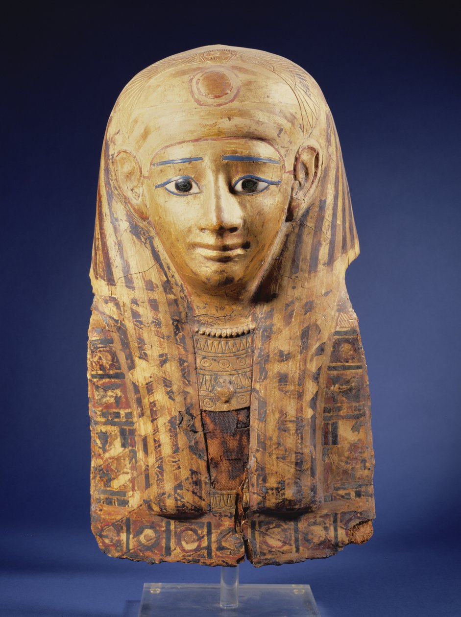 Coiffure de momie en cartonnage avec perruque à pans, les yeux incrustés d