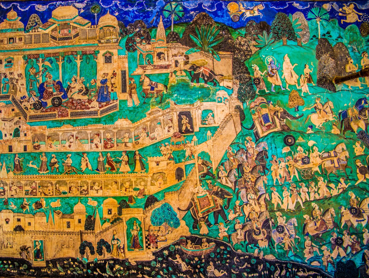 Cour de Chittra Shala avec des peintures fines virtuoses, Fort de Taragarh, Bundi, Bundi, Rajasthan, Inde, Asie - Unbekannter Künstler