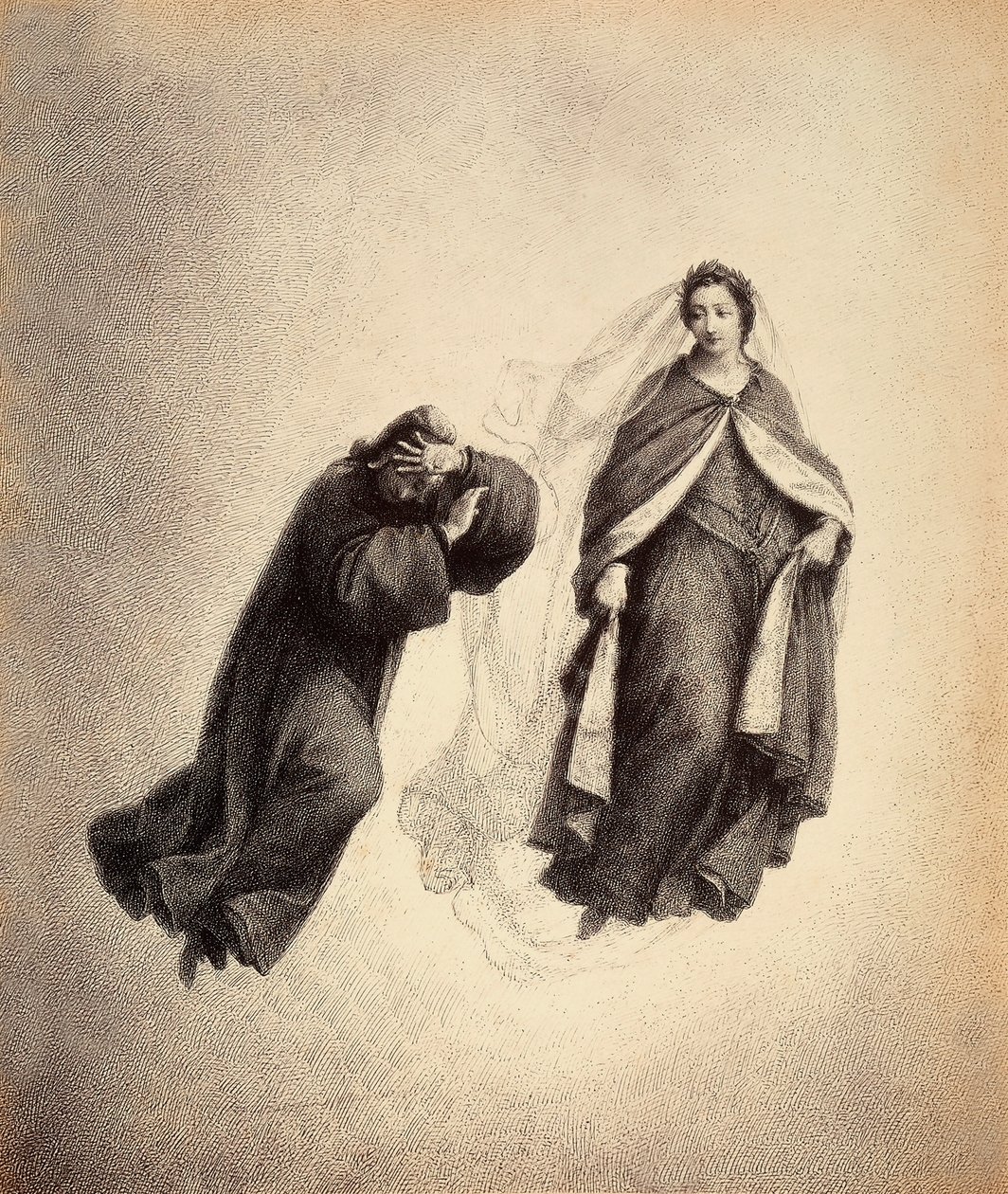 Dante se couvre le visage avec ses mains, submergé par le regard de Béatrice, si plein d