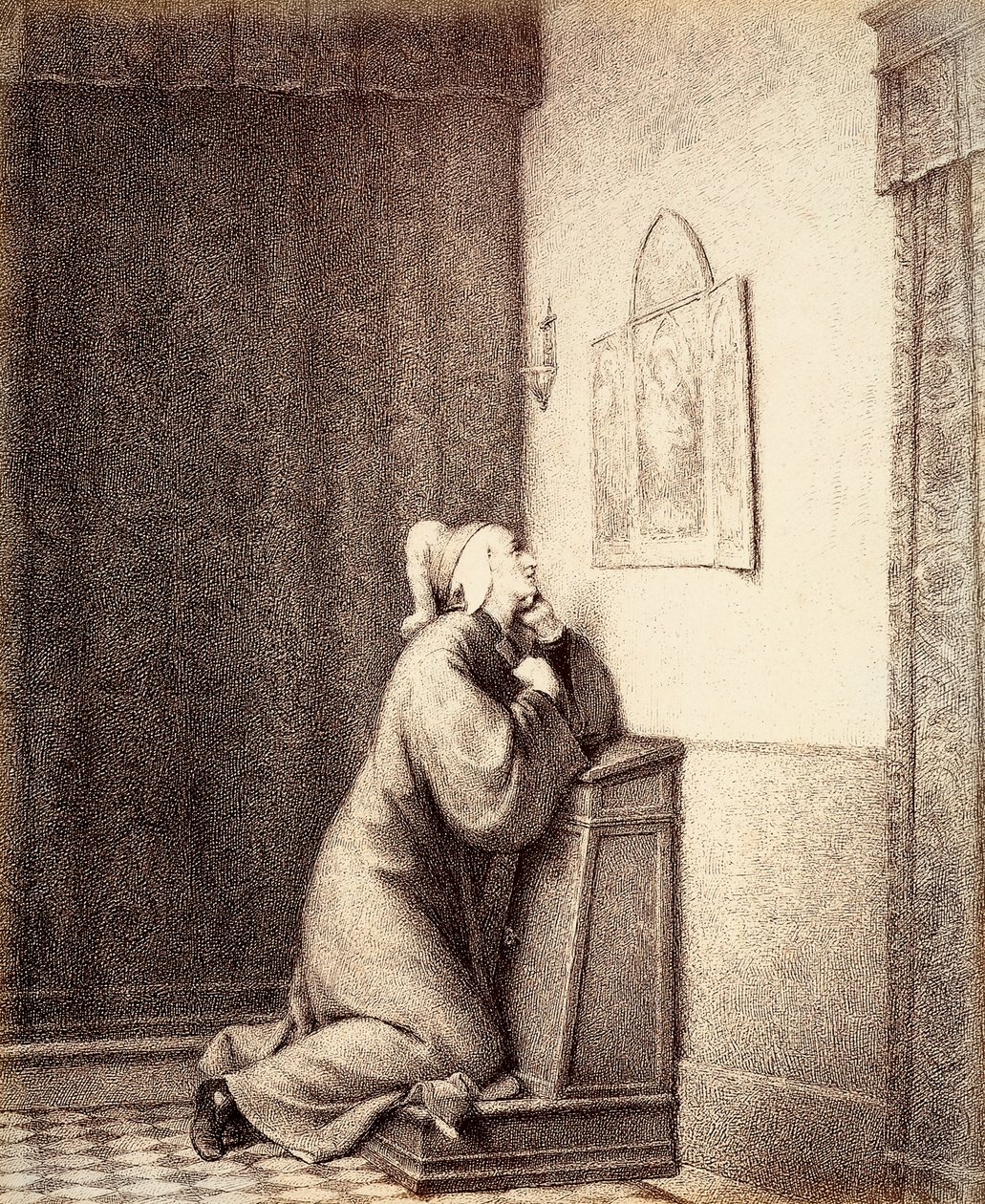 Dante à genoux en prière, le regard dirigé vers un triptyque. - Unbekannter Künstler